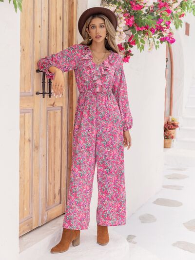 Printed Ruffled V-Neck Balloon Sleeve Jumpsuit | AdoreStarr