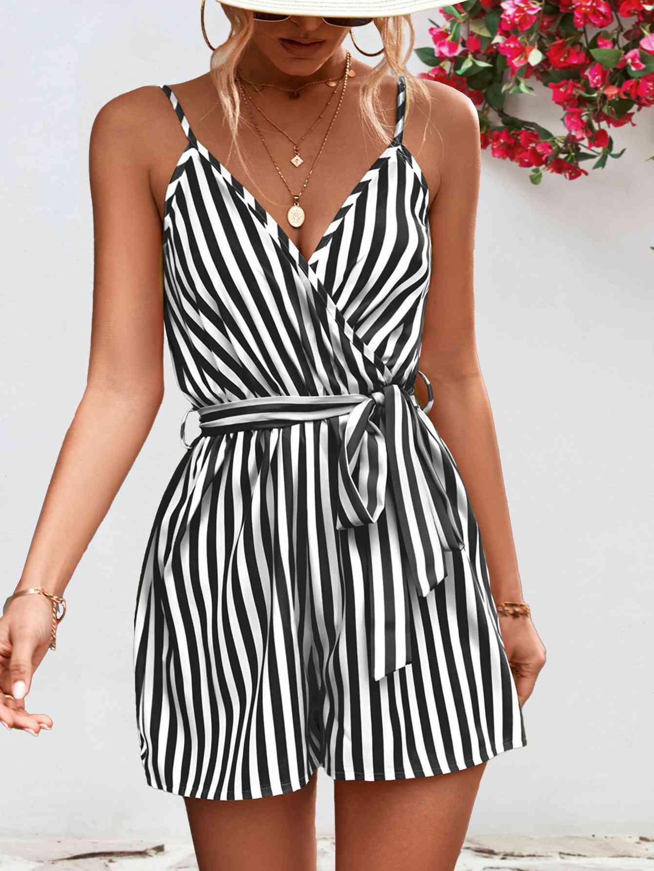 Striped Tie Waist Spaghetti Strap Romper | AdoreStarr