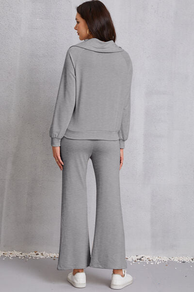 Half Zip Collared Neck Sweatshirt and Pants Set | AdoreStarr