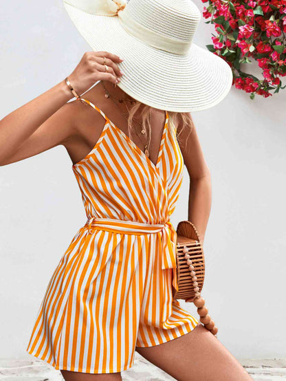 Striped Tie Waist Spaghetti Strap Romper | AdoreStarr