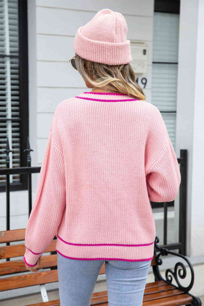 Waffle Knit V-Neck Cardigan with Pockets - Blush Pink