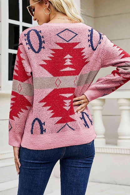 Printed Round Neck Long Sleeve Sweater | AdoreStarr