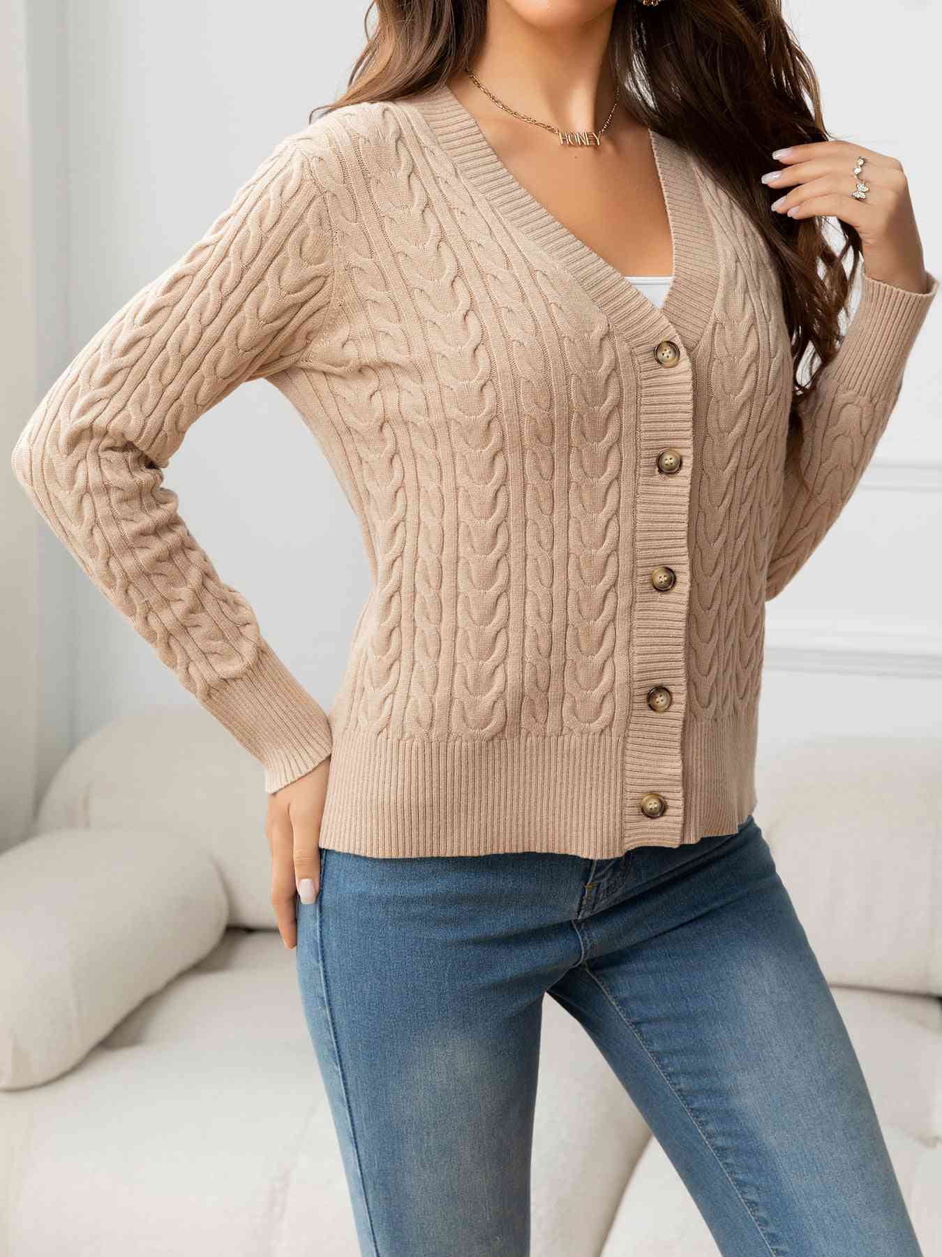 V-Neck Long Sleeve Cable-Knit Buttoned Knit Top | AdoreStarr