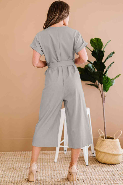 Button Front Belted Cropped Jumpsuit