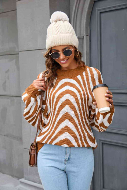Printed Round Neck Long Sleeve Pullover Sweater | AdoreStarr