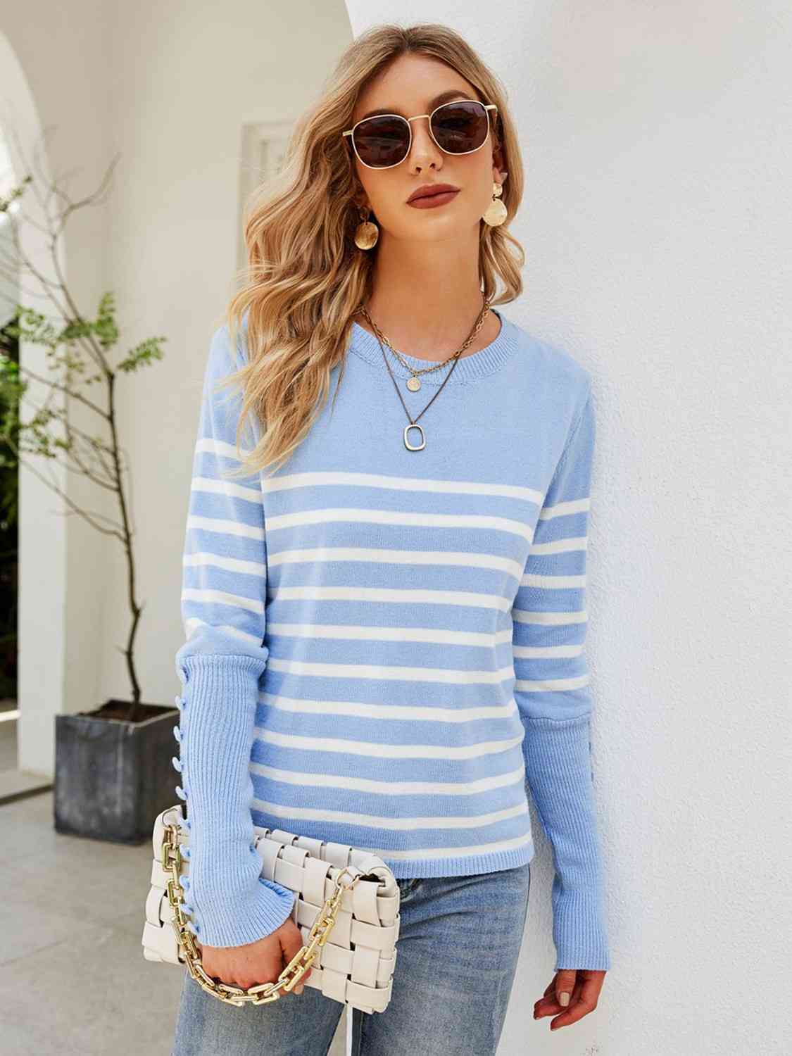 Striped Decorative Button Knit Top | AdoreStarr