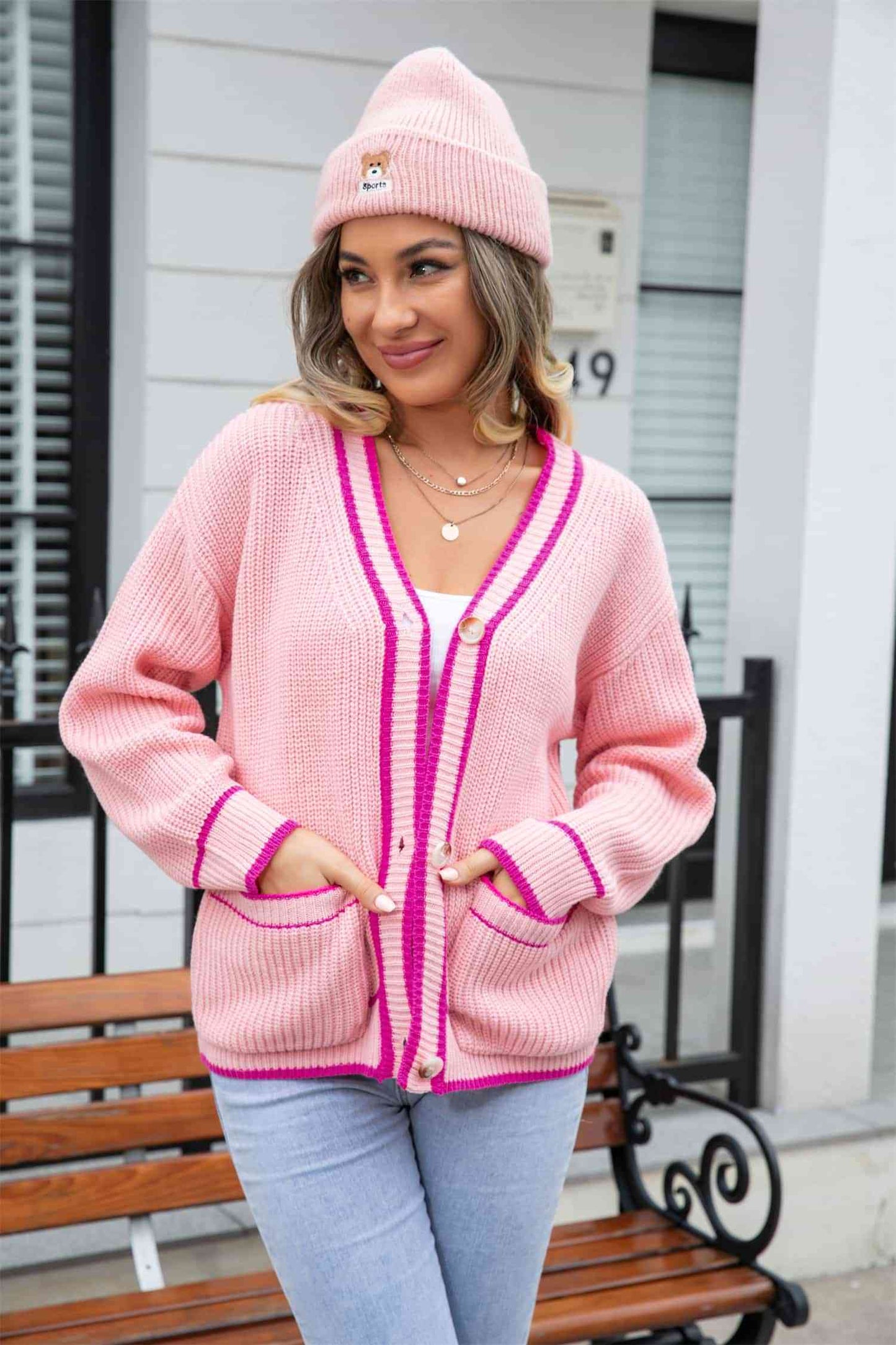 Waffle Knit V-Neck Cardigan with Pocket | AdoreStarr