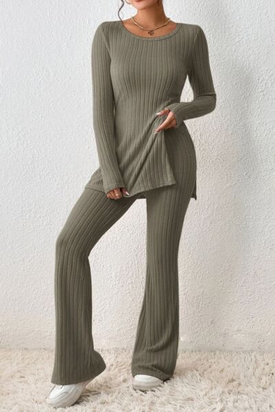 Ribbed Long Sleeve Slit Top and Bootcut Pants Set - Olive Brown