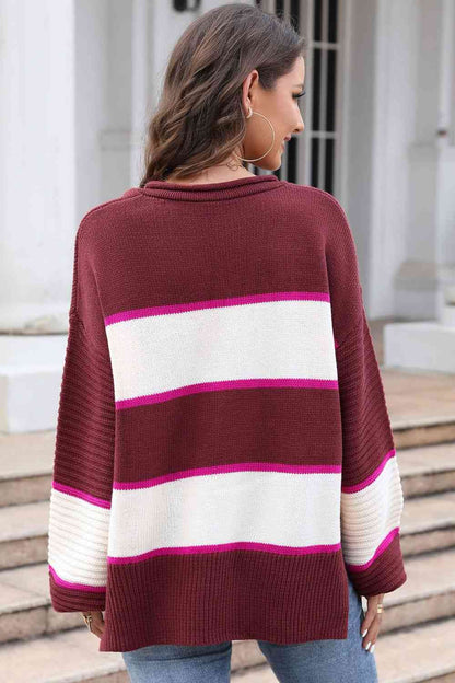 Striped Dropped Shoulder Side Slit Sweater | AdoreStarr