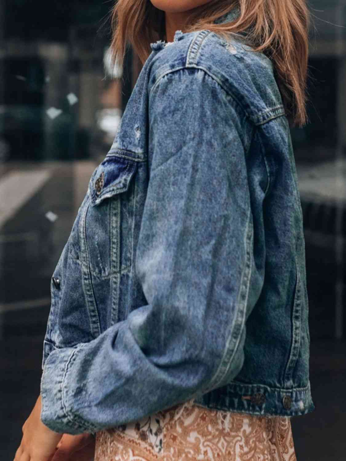 Button Up Collared Neck Distressed Denim Jacket | AdoreStarr