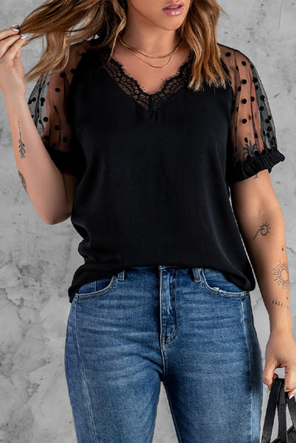 Polka Dot Lace Trim Spliced Mesh Blouse | AdoreStarr