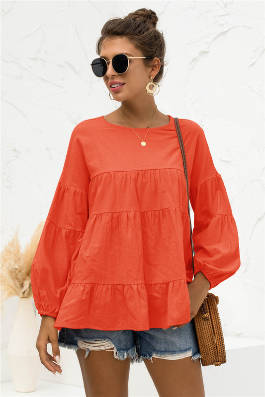 Round Neck Bubble Sleeve Tiered Blouse | AdoreStarr