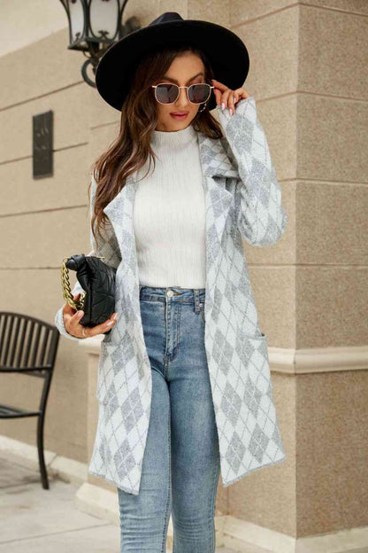 Printed Open Front Lapel Collar Cardigan - White Gray