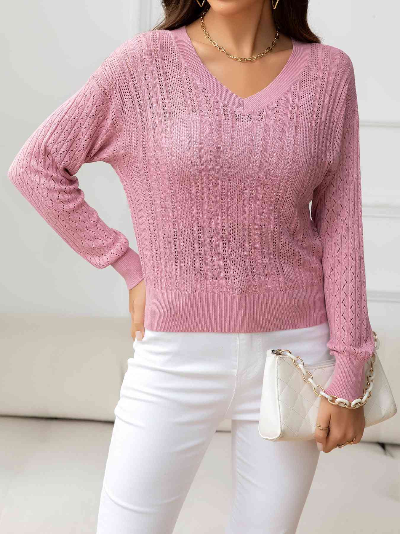 V-Neck Long Sleeve Eyelet Knit Top | AdoreStarr