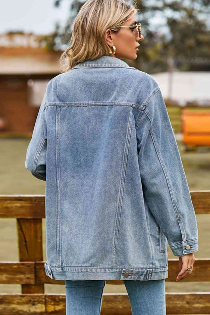 Buttoned Collared Neck Denim Jacket - Light Blue Wash