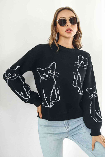 Cat Pattern Round Neck Pullover Sweater | AdoreStarr