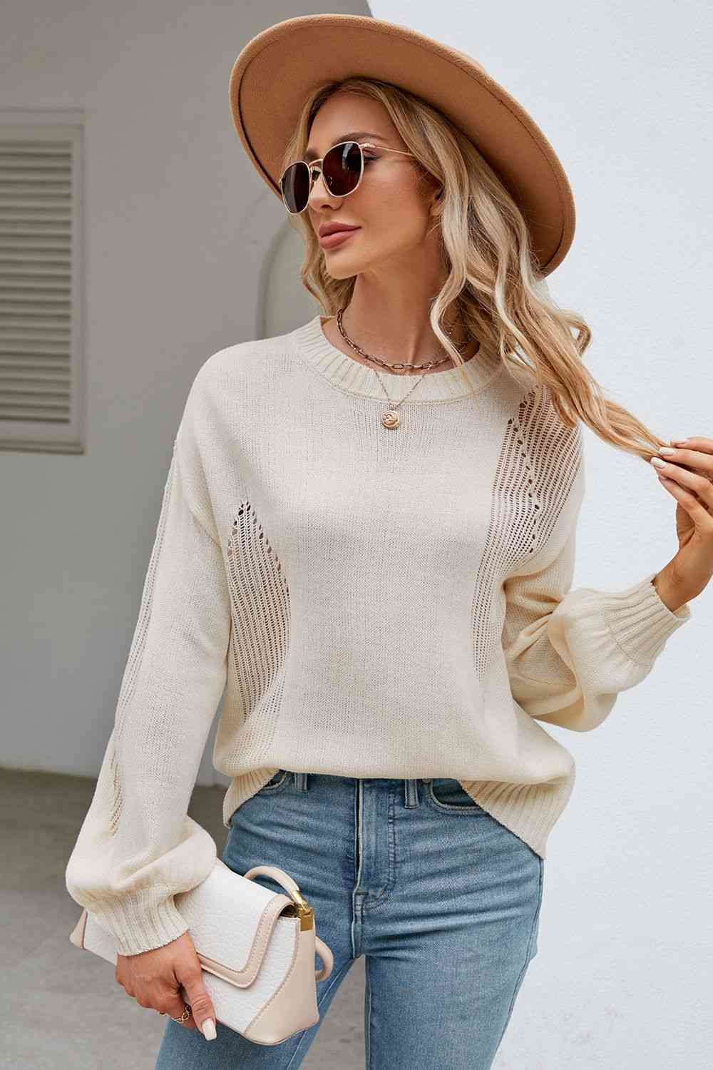 Openwork Dropped Shoulder Knit Top - Cream