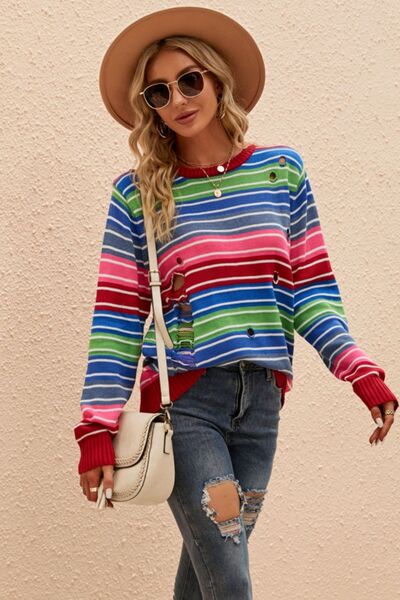 Striped Distressed Cutout Sweater | AdoreStarr