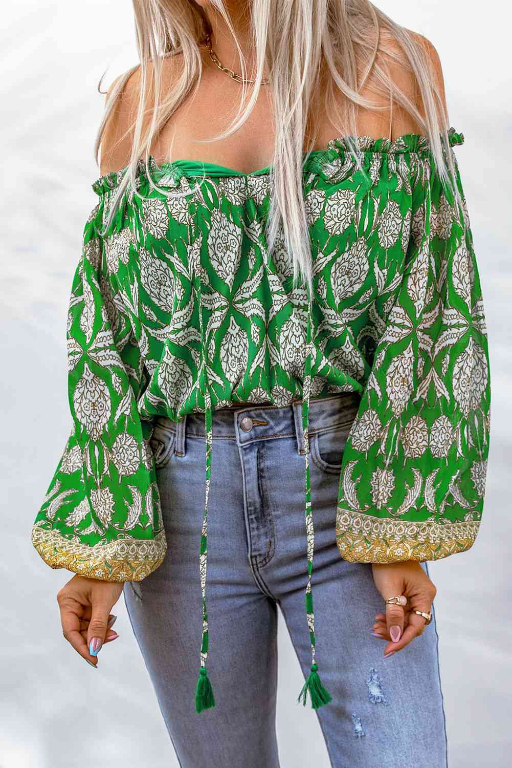 Printed Tassel Tie Balloon Sleeve Blouse | AdoreStarr