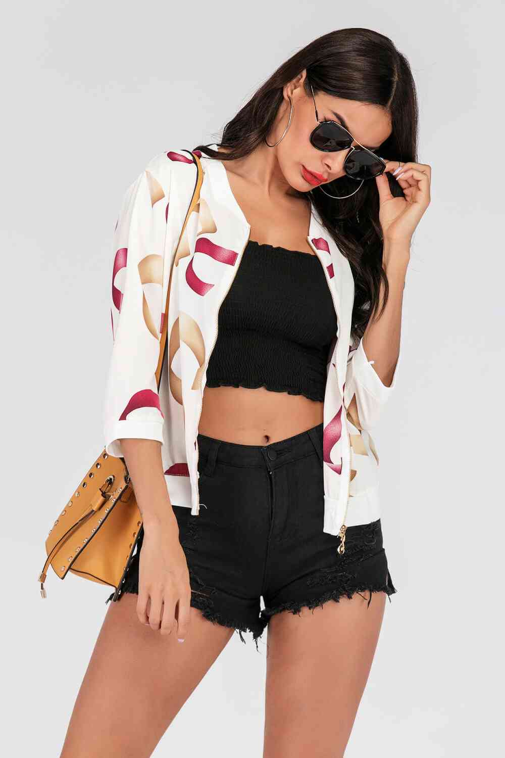 Printed Zip-Up Three-Quarter Sleeve Bomber Jacket | AdoreStarr