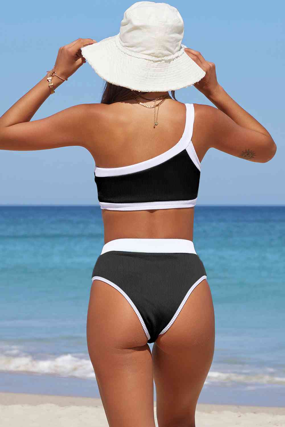 Contrast Trim Ribbed One-Shoulder Bikini Set | AdoreStarr