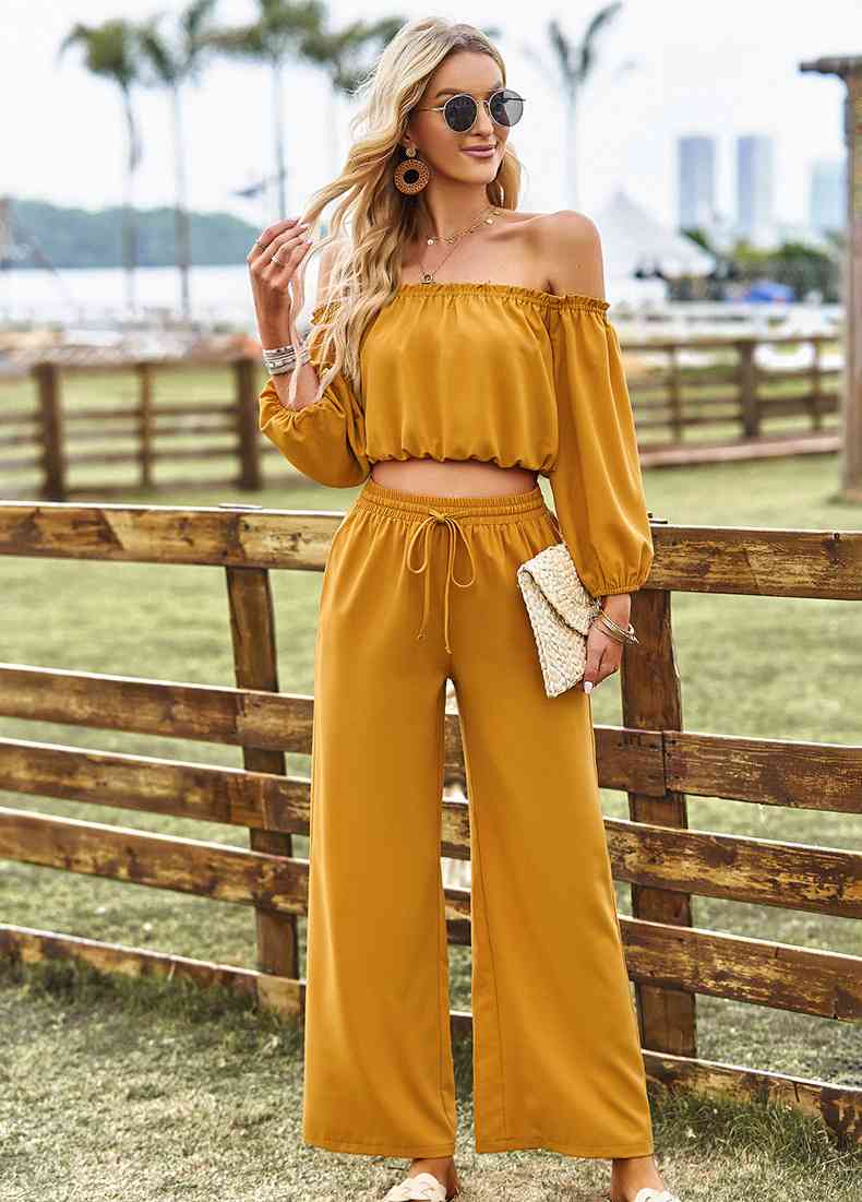 Off-Shoulder Blouse and Drawstring Waist Pants Set | AdoreStarr