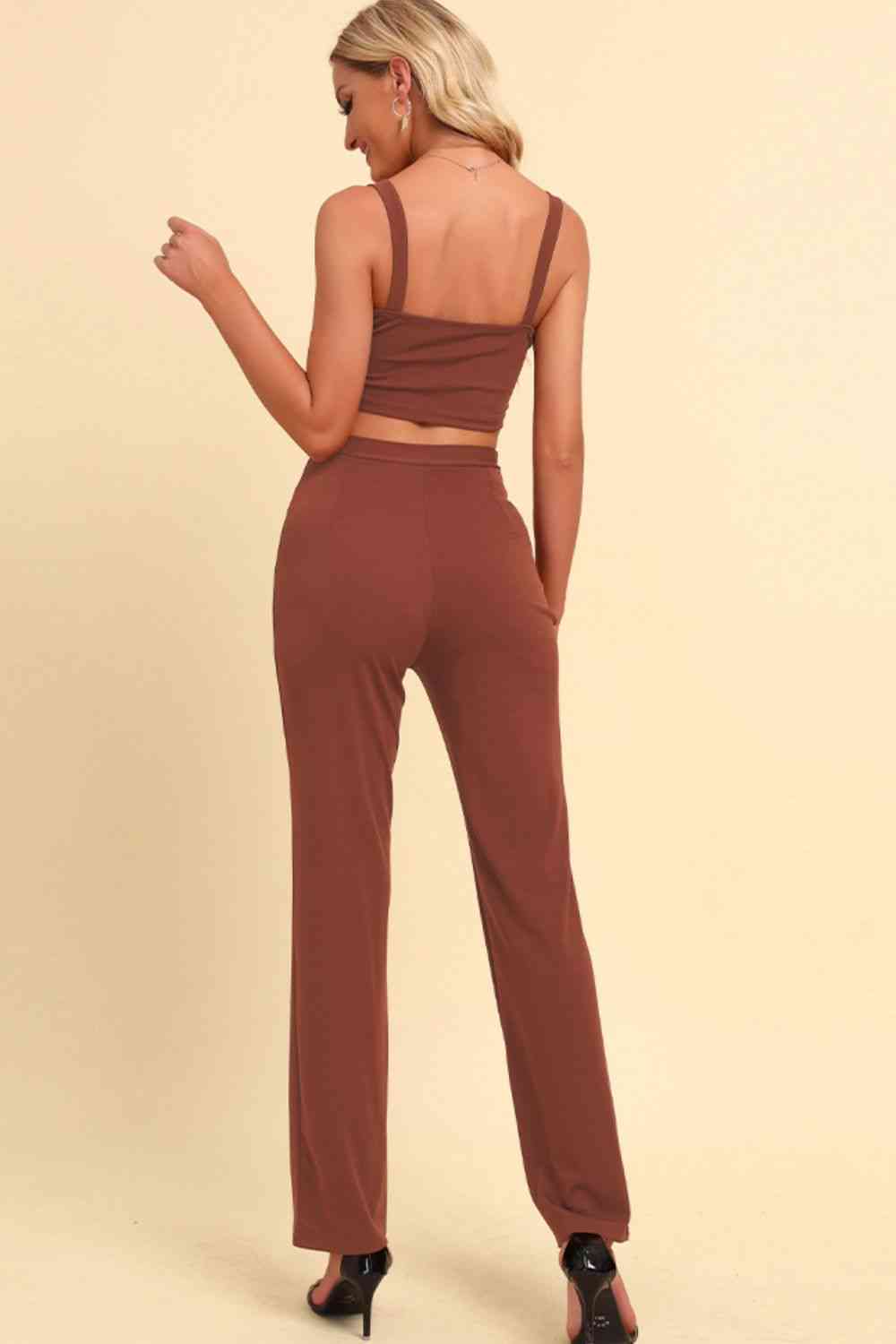 Chain Detail Cropped Cami and Straight Leg Pants Set - Caramel