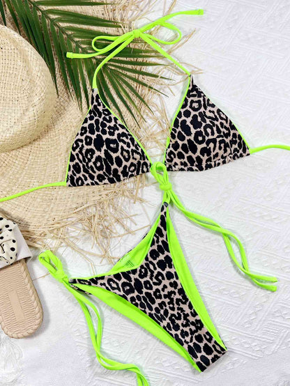 Leopard Print Tie Side Bikini Set - Green