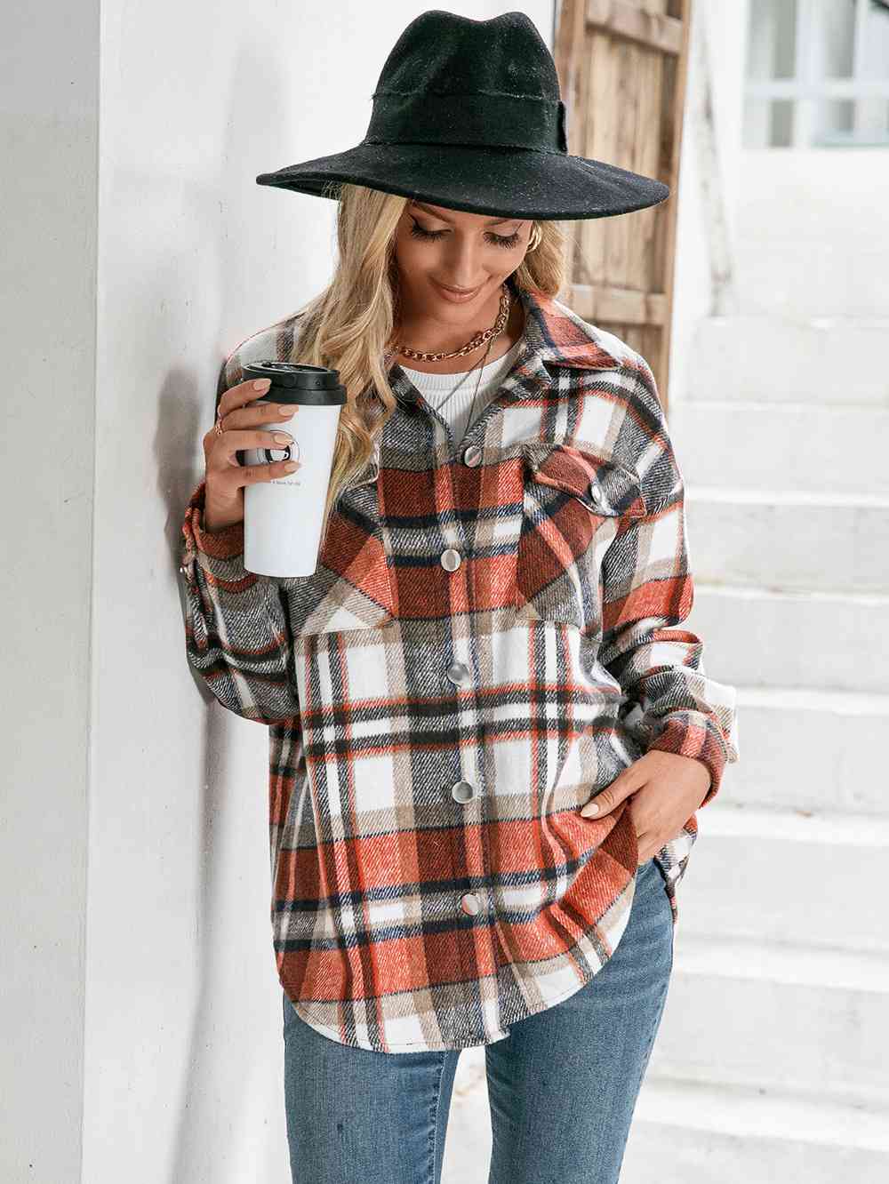 Plaid Button Down Curved Hem Shacket | AdoreStarr