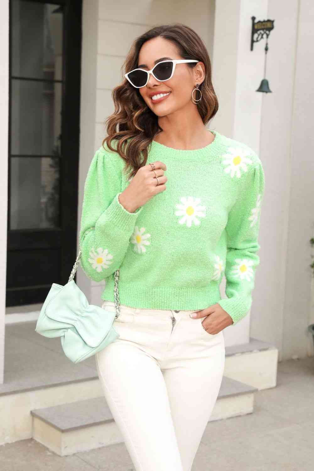Flower Pattern Round Neck Short Sleeve Pullover Sweater | AdoreStarr