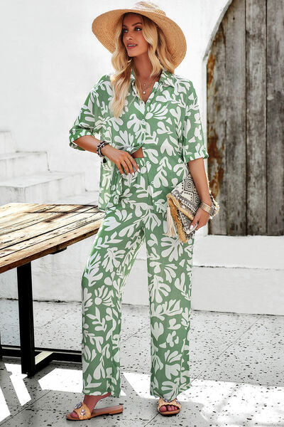 Printed Button Up Shirt and Pants Set | AdoreStarr