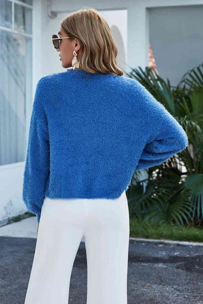 Round Neck Dropped Shoulder Fuzzy Cardigan | AdoreStarr