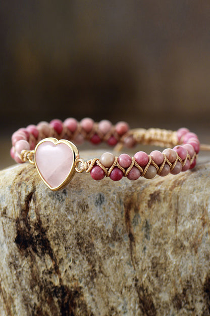 Rose Quartz Heart Beaded Bracelet | AdoreStarr