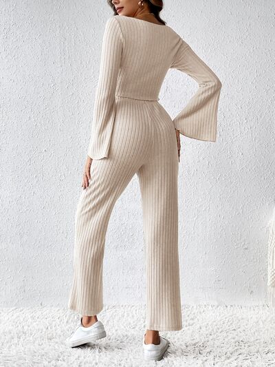 Ribbed Flare Sleeve Top and Pants Set | AdoreStarr