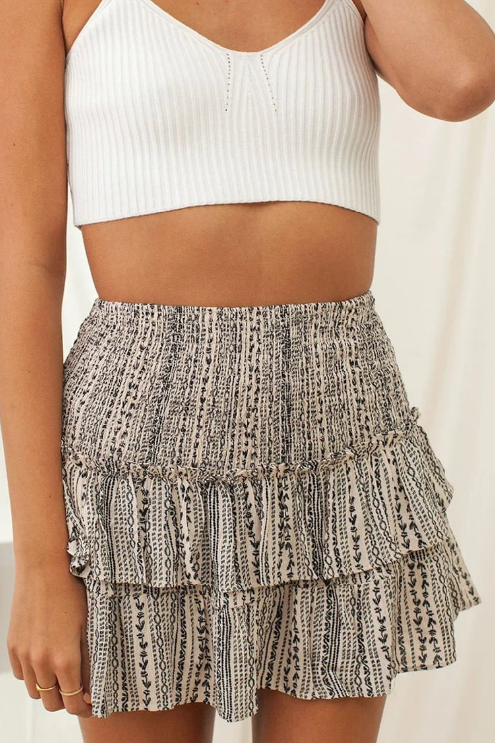 Printed Frill Trim Smocked Mini Skirt | AdoreStarr