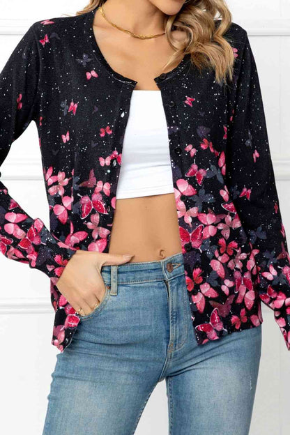 Floral Button Front Round Neck Cardigan | AdoreStarr