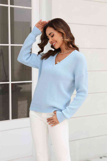 Ribbed V-Neck Dropped Shoulder Knit Top | AdoreStarr