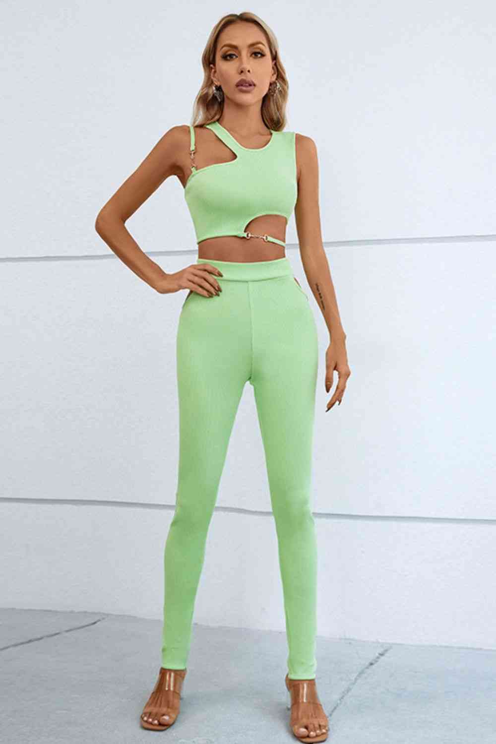 Asymmetrical Ribbed Cutout Tank and Pants Set | AdoreStarr