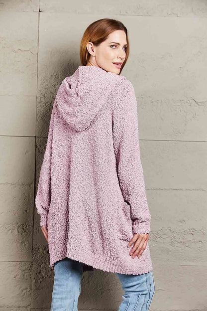 Popcorn-Knit Long Sleeve Hooded Cardigan | AdoreStarr