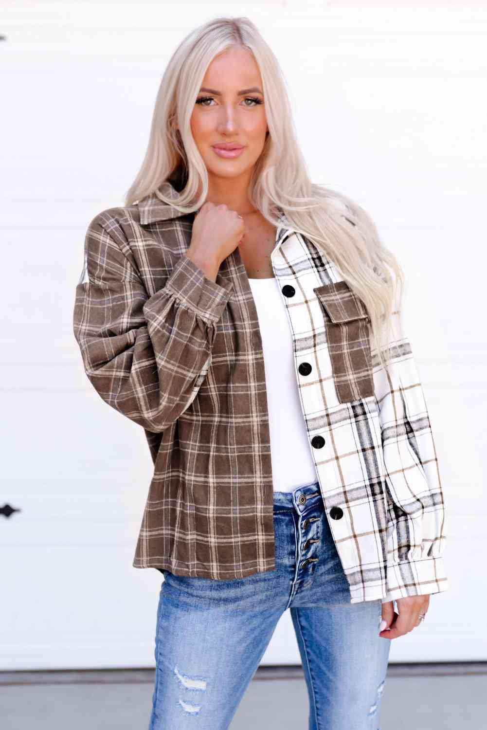 Plaid Contrast Button Up Shirt Jacket | AdoreStarr