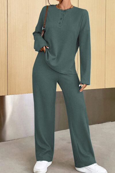 Ribbed Half Button Top and Pants Set | AdoreStarr