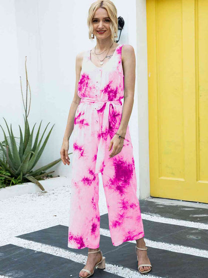 Tie-Dye Tie Waist Sleeveless Jumpsuit | AdoreStarr