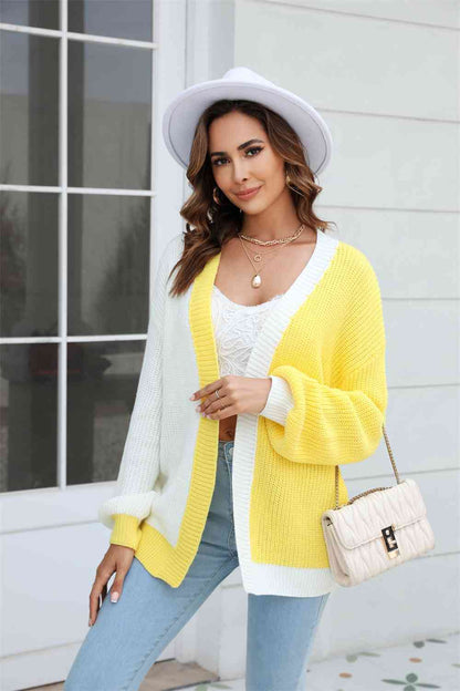 Open Front Contrast Color Balloon Sleeve Cardigan | AdoreStarr