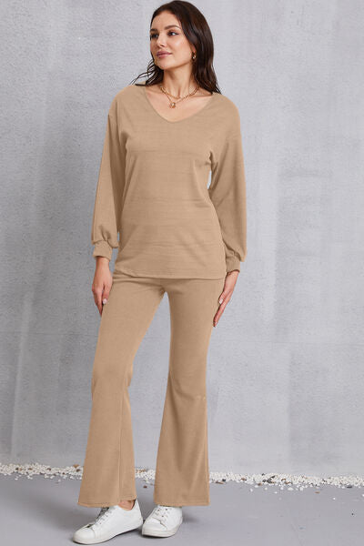 V-Neck Dropped Shoulder Top and Flare Pants Set | AdoreStarr