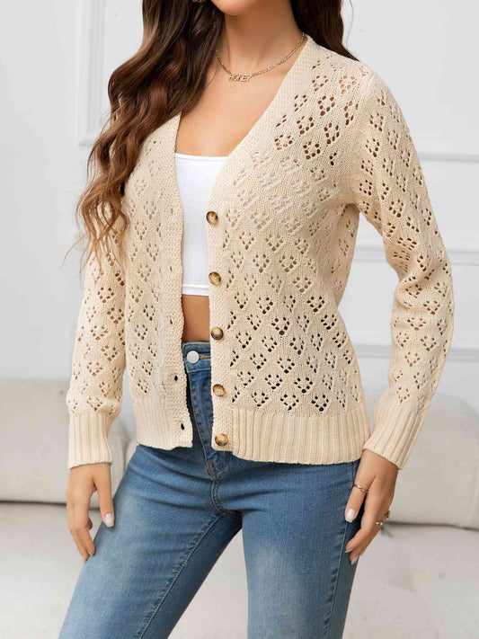 Openwork V-Neck Buttoned Knit Top | AdoreStarr