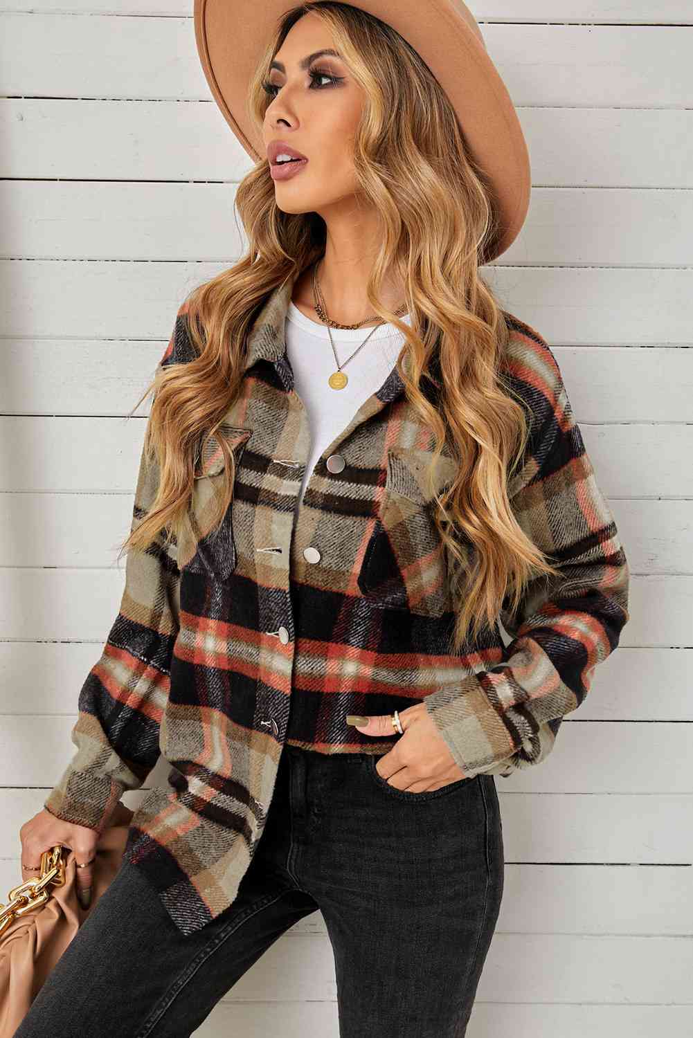 Plaid Pocketed Button Down Shacket | AdoreStarr