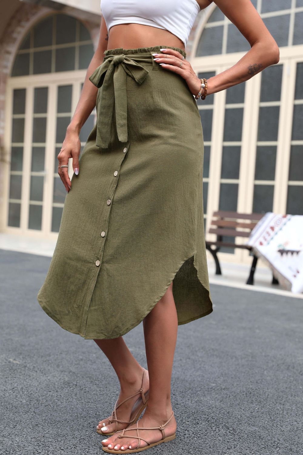 Tie Belt Frill Trim Buttoned Skirt | AdoreStarr