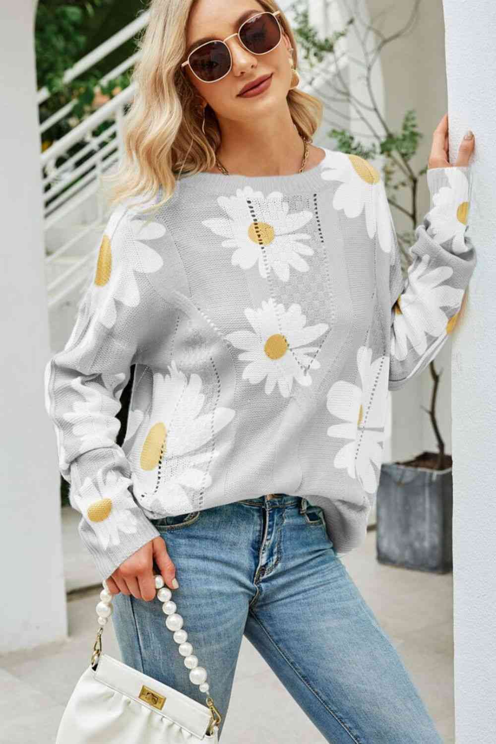 Daisy Print Openwork Round Neck Sweater | AdoreStarr