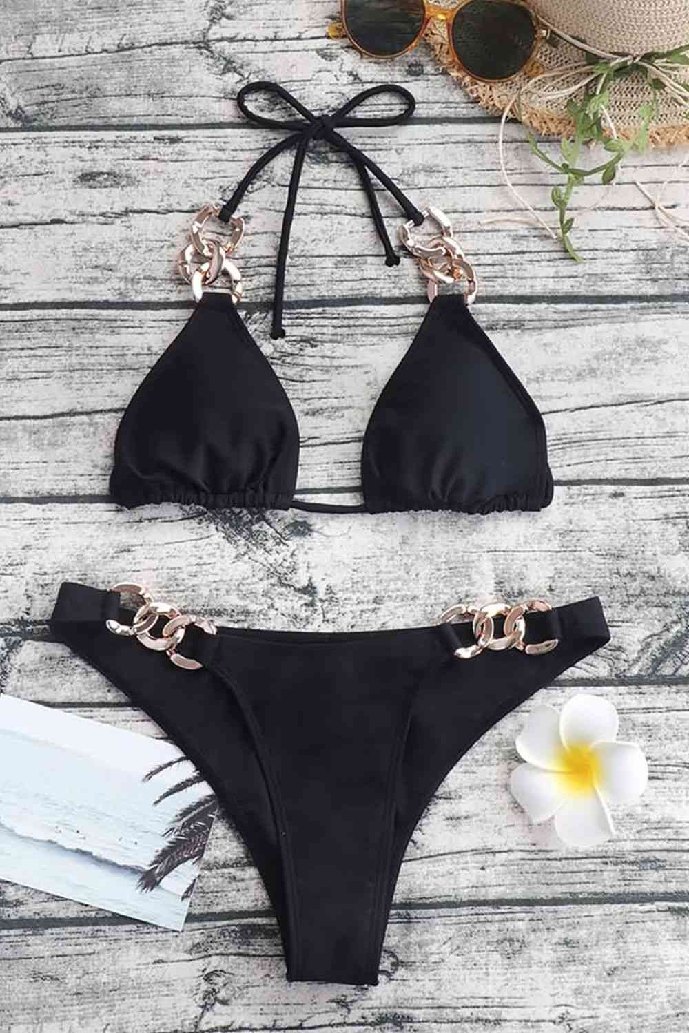 Chain Detail Tied Halter Neck Bikini Set | AdoreStarr