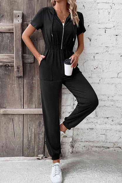 Zip-Up Short Sleeve Hooded Jumpsuit with Pockets | AdoreStarr